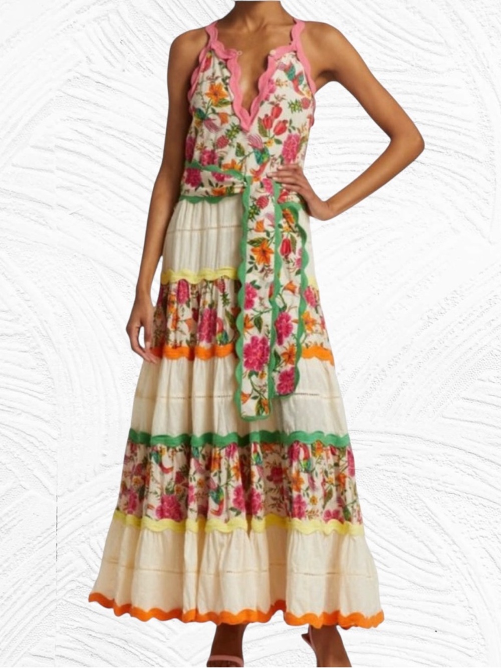 Farm Rio Toucans Garden Floral‎ Tiered Maxi Dress with Pink Trim Small